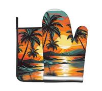 2Pcs Oven Mitts and Pot Holders Imprimés De Coucher De Soleil sur Une Plage Tropicale avec des Palmiers Pot Pads Imprimer Ensemble De Cuisine avec, pour Four, Cuisiner, Décorations Cuisine