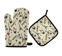 2Pcs Oven Mitts and Pot Holders Motif Classique des Monuments De Paris, Tour Eiffel Oven Gloves Soft Coton Doublure BBQ Gloves, pour Four, Griller, Décorations Cuisine