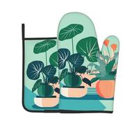 2Pcs Oven Mitts and Pot Holders Plantes Vertes en Pot D'Intérieur Imprimées, Style Dessin Animé 1 Pcs Oven Mitts with 1 Pcs Pot Holders Coton Doublure Baking Mittens, pour Cuisiner, Patisserie