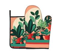 2pcs Oven Mitts and Pot Holders Set Modèle De Plantes Vertes en Pot D'Intérieur Mitts for Grilling Non Slip Microwave Mitts for Microwave, Grill, Grilling