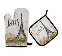 2Pcs Oven Mitts and Pot Holders Tour Eiffel À L'Aquarelle À Paris Pot Pads Résistant À La Chaleur Soft Maniques, pour Cuisson, Griller, Cuisiner