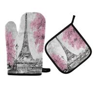 2Pcs Oven Mitts and Pot Holders Tour Eiffel Paris avec des Arbres Roses Kitchen Mitts Imprimer Soft Ensemble De Cuisine avec, pour Cuisiner, Patisserie, Griller