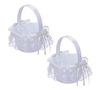 2pcs Panier de Fleur Mariage, Panier de Fille de Fleur Paniers à Fleurs en Satin avec Nœud Papillon, Élégant Panier à Fleurs de Mariage Blanc Panier de Fleurs Pétales Confetis pour Mariage