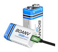 2PCS Piles 9V Rechargeables 1300mAh, 9V Rechargeable USB Lithium à Longue Duréé Batterie, avec câble de Charge 2 en 1, pour détecteurs de fumée, alarmes, Clavier, Microphone