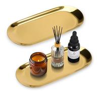 2Pcs Plateau Décoratif en Acier Inoxydable Noir - Ovale Élégant Fini Poli pour Salle de Bain, Mini Support pour Bijoux, Dessert, Snack, Bougie et Café (Or)