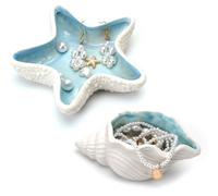 2PCS Plateaux de Bijoux, Coquillage et Étoile de Mer Plat à Bijoux en Céramique, Petit Plateau à Clés Décoratif Vide Poche Entrée, Présentoir Plaque Bijoux Cadeau pour Femme Fête Anniversaire Mariage