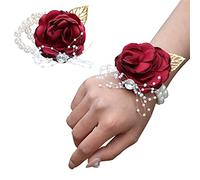 2PCS Poignet de Mariage Floral avec Strass et Perle, Poignet de Mariage TAIANJI, Poignet Rose, Poignet Fleur pour Anniversaire de la Mariée (Rouge Foncé)