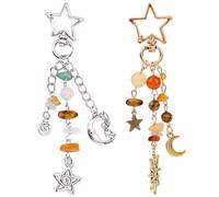 2pcs Porte-Clé Soleil Lune Étoile, Porte-Clé Y2K avec Gravier & Perles Boho Charmes Sac Esthétiques pour Femmes Fille Accessoires pour Sac à Main (Argent, Or)