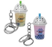 2Pcs Porte-Clés De Thé Au Lait De Chat, Porte-Clés Créatif De Thé Au Lait De Bulle De Chat, Porte-Clés De Sables Mouvants De Thé Au Lait, Accessoires Clés Mignons, Charme De Sac pour Filles