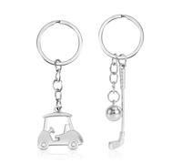 2pcs Porte-clés Golf, Alliage de Zinc Chariot de Golf & Club Porte-clés Brillant Charm Keyring Élégant Accessoires Sac à Thème Sport pour Hommes Femmes (Argent)