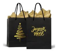 2Pcs Sac Cadeau Noël Grand Format avec Papier de Soie Pochette avec Poignée Sachet Noir Doré “Joyeux Noël” Emballage Cadeau Bonbon 21 * 10 * 25cm