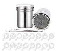 2Pcs Saupoudreuse Cacao, BetterJonny Saupoudreuse Cacao en Acier Inoxydable 304 avec Couvercle avec 16 Pochoirs pour Café Cappuccino 2 Stylo de Barista pour Cannelle Sucre Poudre Farine Chocolat