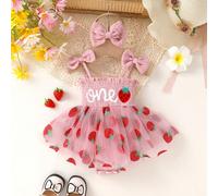 2pcs/Set, Bébé Fille, Décontracté Élégant Mignon, Doux et Confortable, Robe Salopette en Coton avec Broderie Motif Fraise, Volants, Imprimé Fraise, Bretelles Nœud en Maille et Bandeau, Vêtements Bébé 