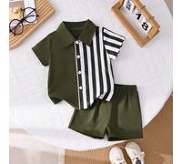 2pcs/Set Ensemble de cardigan à col pour bébés garçons d'été Vert foncé & Chemise à manches courtes rayée noir blanc & Short Tenue décontractée de vacances pour un city break 6-9M,9-12M,12-18M,18-24M,