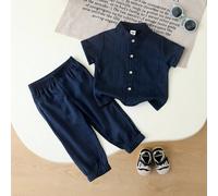 2pcs/Set Ensemble de Top à Col à Manches Courtes à Carreaux Bleu Marine & Short Assorti pour Bébé Garçon, Tenue Décontractée d'Été pour Assortiment Familial Style Gentleman pour Jeux en Plein Air 6-9M