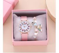 2PCS /Set Montre Bracelet Fille pour Enfants avec Cadran de Fruits de Dessin Animé Mignon - Rose