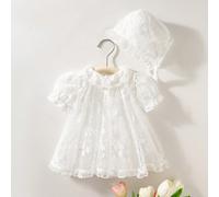 2pcs/Set Robe de princesse pour bébé fille nouveau-né avec col floral, ourlet à volants et dentelle, chapeau avec bordure en dentelle, tenue blanche d'été pour fête, croisière et baptême de bébé fille