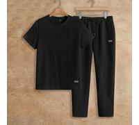 2pcs/Set T-shirt & Pantalon en maille décontracté de couleur unie à col rond et manches courtes, tenue d'été pour tous les jours, vacances, cadeaux pour la fête des pères L,M,S,XL,XXLgraphique,Lettres