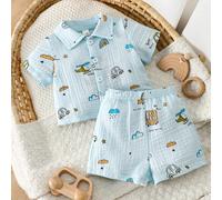 2pcs/Set Tenue décontractée d'été pour nouveau-nés garçons, chemise polo à manches courtes en coton bleu clair & short, imprimé voiture avion arc-en-ciel, vêtements doux 6-9M,0-1M,1-3M,3-6MAnimalMélan