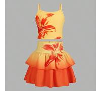 2pcs/Set Tenue pour filles préadolescentes, style Sweet & Spicy Color Block, Top imprimé floral, camisole sans manches + jupe à volants superposés, combinaison de couleurs orange vif & jaune doux, cou