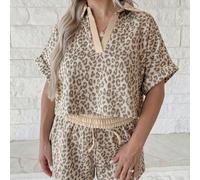 2pcs/Set Top à manches courtes col V avec col contrasté imprimé léopard beige & Short ample à cordon de serrage Ensemble de détente décontracté pour femmes Quotidien Vacances Été L,M,S,XLImprimés aléa