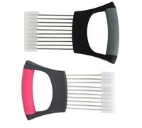2Pcs Support à tranches d'oignon en acier inoxydable, Coupe Oignon Manuel Eminceur Légumes Coupe avec Aiguilles & Capuchon, Hachoir Gadget Cuisine pour oignon tomates citrons viande fruits, 2 Couleurs