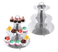 2pcs Supports à Cupcakes pour Anniversaire, Support à Gâteau en Carton à 3 Niveaux, Tour D'affichage de Support à Gâteau pour Porte-Fruits à Dessert thé Après-Midi, Service Fête de Mariage (Argent)