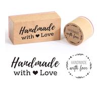 2pcs Tampons en Caoutchouc Bois Rond Rectangulaire Lettre Handmade with Love avec feuille Tampon Fait Main Décoration Scrapbooking DIY Artisanat pour Noël Anniversaire Fête Thanksgiving