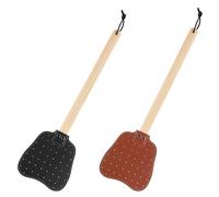 2pcs Tapettes Mouche Cuir, Longue Poignée Bois Tapette Mouches Manuelle avec Corde Suspension Tapette Mouches Cuir Pratique Robuste l'Intérieur Mouches Moustiques Abeilles(Noir, Marron)
