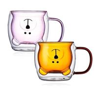 2pcs Tasse de Café Double Paroi, Coupe en Verre, Petit ours Motif Le Lait Coupe Cadeau (Jaune+Rose Bear) VERRES EN ASSORTIMENT
