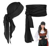 2Pcs Turban Durag à Longue Queue, Bandana de Pirate, Foulard Pirate à la Taille, Unisexe Durag Larges Sangles Bandeaux Headwrap Bandanas Chapeau Hat DuragPirateHat pour Hip-hop Décoration (Noi)