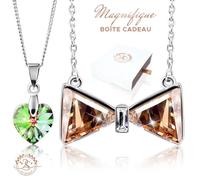 2SPLENDID® Lot de 2 Colliers Ornés de Cristal Autrichiens Baignés dans l'OR Blanc. Boîte cadeau offerte. Cadeau Noël, St Valentin