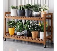2Tier Wooden Plant Stand with Wheels Mobile Flower Shelf for Indoor & Outdoor Use Ideal for Balcony Living Room & Window Garden (Brown 35.4"x9.8")