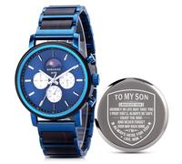 2win Montre en bois gravé pour homme - Chronographe multifonction - Cadeau d'anniversaire personnalisé pour lui, mari, garçons d'honneur, papa, petit ami, A for Son From Mom