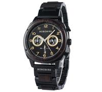 2win Montre multifonction en bois pour homme - Chronographe militaire japonais - Affichage de la date - Lumineuse et élégante, noir, montre en bois