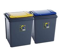 2x 50L Poubelle de 50 l Noir-Jaune-Bleu, Poubelle de cuisine, Poubelle 2 compartiments, Système de tri des déchets, Poubelle de cuisine, Poubelle 50 l, Bac à ordures, Poubelle, Poubelle à couvercle