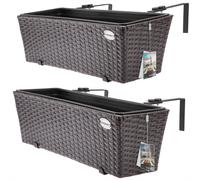 2x Bac à fleurs en polyrotin marron Jardinière pour balcon Pot de fleur avec fixation Terrasse Fenêtre Balustrade