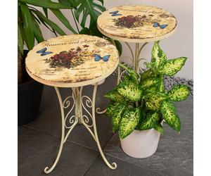 2x Beistell Table Bistrot Fleurs Terrasse Extérieur Meuble Papillon Blanc Shabby