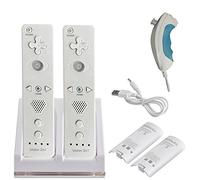 2X Build in Motion Plus Wireless Remote Controller & 2X Nunchuk Controller & 1x Charging Dock Controller Includes 2 Pcs of 2800mAh Battery Pack for Nintendo Wii & Wii U (Design-A White/Black)