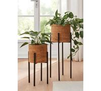 2x cache-pot "liège" avec support en métal, noir et pot de plantes en nature, pot de plantes, pot de fleurs, bac de plantes, support de pot de fleurs
