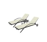 2x Chaises longues HWC-E27 en polyrotin noir, coussins crème-beige