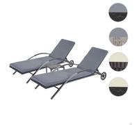 2x Chaises longues HWC-E27 en polyrotin ~ noir coussins gris foncé