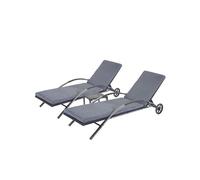 2x Chaises longues HWC-E27 en polyrotin noir, coussins gris foncé