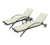 2x Chaises longues HWC-E27 en polyrotin noir, coussins crème-beige