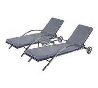 2x Chaises longues MENDLER HWC-E27 en polyrotin noir, coussins gris foncé gris G