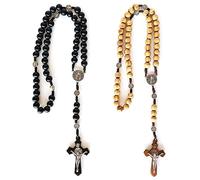2x Chapelet Catholique en Bois d'Olivier avec Finition Teck et Noir - Croix Chrétien et Perles à la Main | Crucifix