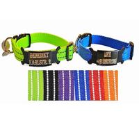 2X Collier Chat personnalisé gravé avec nom Collier Chat réfléchissant Lumineux en Nylon avec Clochette (Bleu et Jaune Fluo)