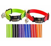 2X Collier Chat personnalisé gravé avec nom Collier Chat réfléchissant Lumineux en Nylon avec Clochette (Rouge et Jaune Fluo)
