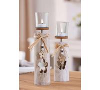 2x colonne photophore "fleurs" en bois & verre, 30 + 35 cm de haut, look shabby, porte-bougie à chauffe-plat, colonne en bois avec verre à bougie