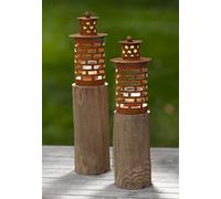2x colonne photophore "tourelle" en bois & métal aspect rouille, 43 + 50 cm de haut, colonne en bois, bougeoir